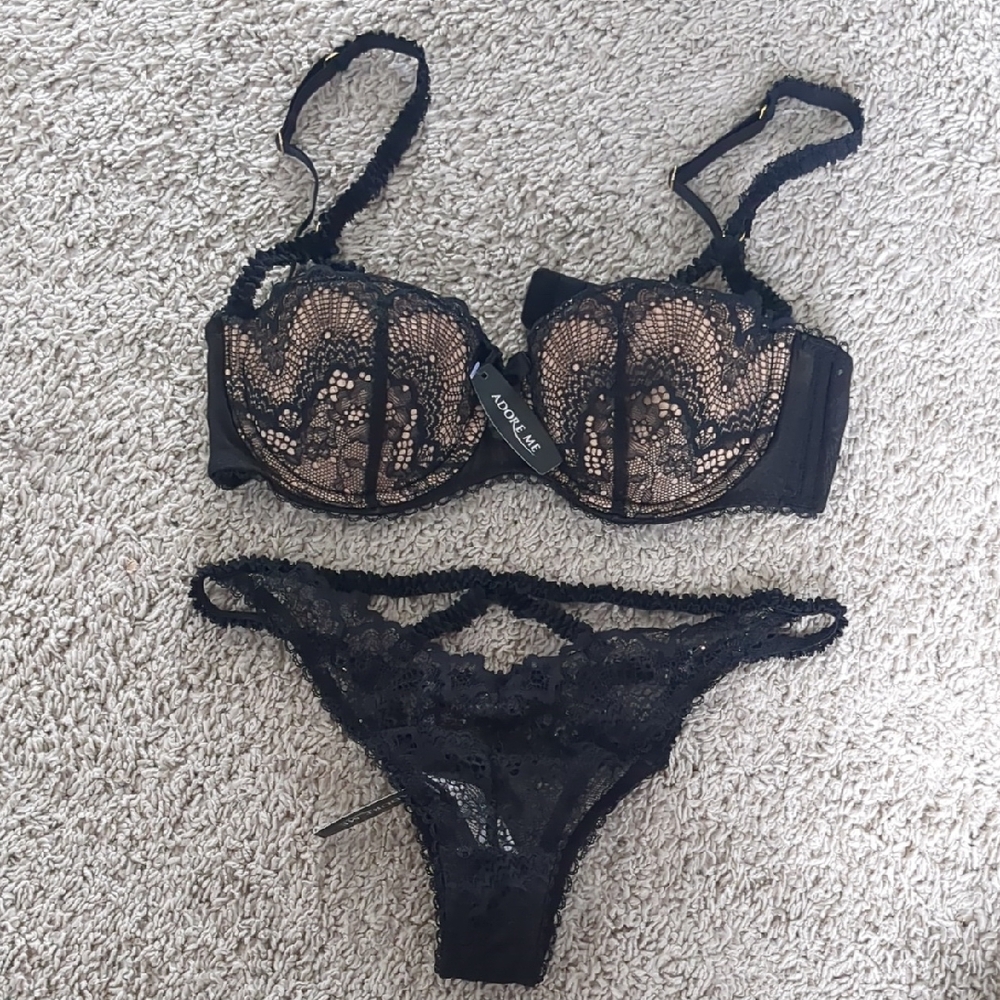 Adore Me Black and Brown Lace Bra Set